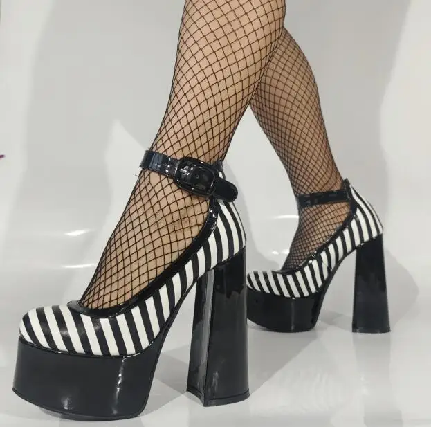 

Black White Striped Zebra Round Toe Platform Shallow Ankle Buckle Strap Pumps Women Thick Sole Chunky Heels Runway Luxury Shoes