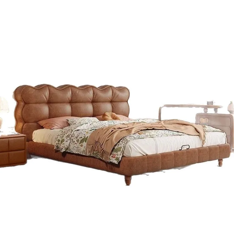 

Real leather master bedroom, king size bed, antique style bedroom, French coffee color leather art soft bag, double