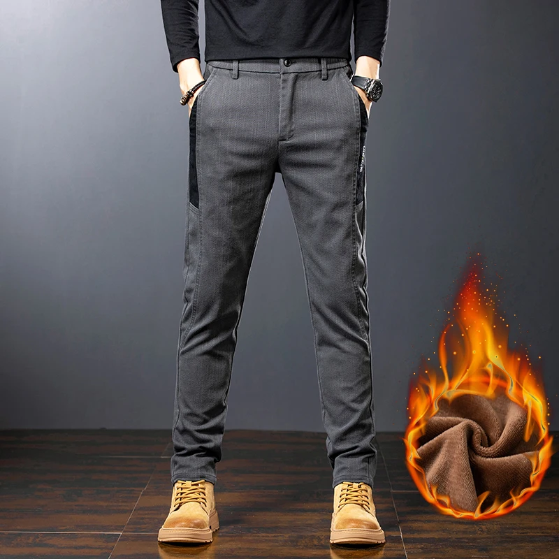 Hiver hommes mode polaire chaud pantalons décontractés mince jambe droite coréen thermique pantalon affaires épaissir velours marque Streetpants