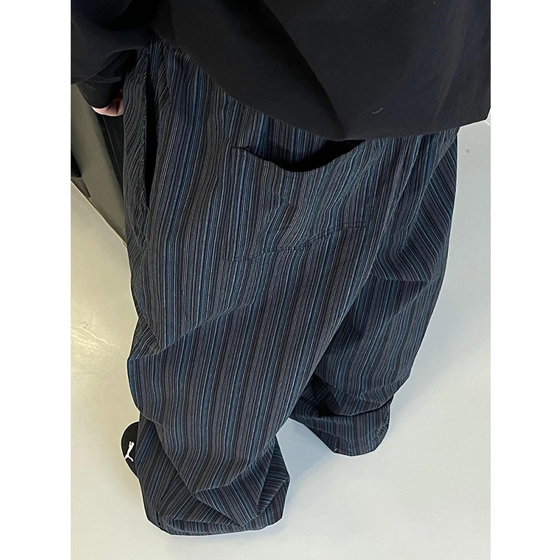 

Retro Hong Kong Sle Men's Casual Pants Loose Design Adjustable Cuff Floor-Length Knife Wide Leg Stripe Pattern