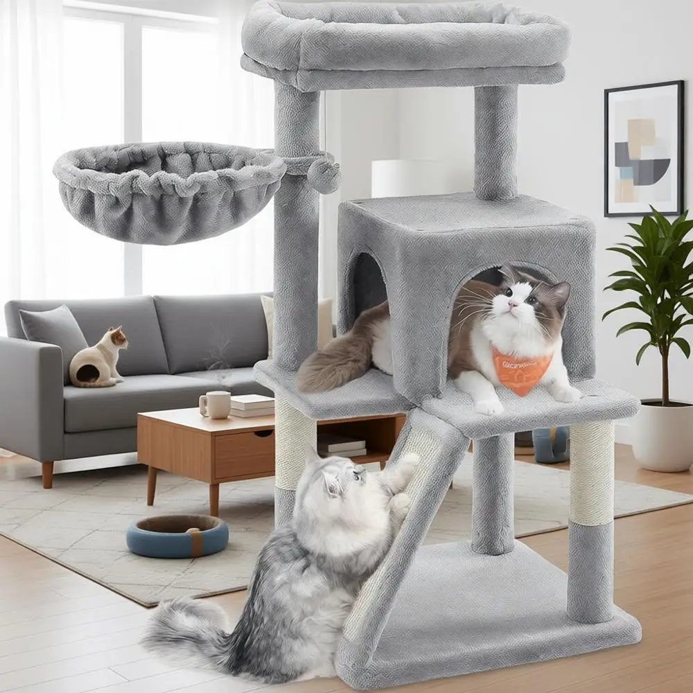 

37.8-Inch Tower Multi-Level Condo Widened Perch Scratching Posts 2-Door Cave Hammock Light Gray