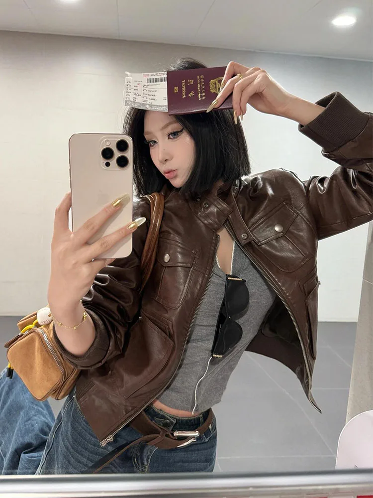 

Slim Fit Motorcycle Jaet Women's ort Design Sense PU Leather Coat Spring Autumn Multiple kets Stand Collar Zipper