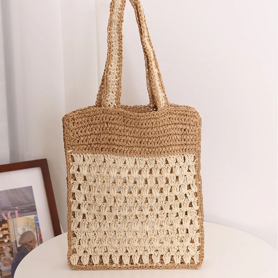 New Straw Design Hand-Woven Shoulder Bag With Color-Blocked Crochet Hooks Summer Beach Vacation Hollow Out Handbag Clutch Purses