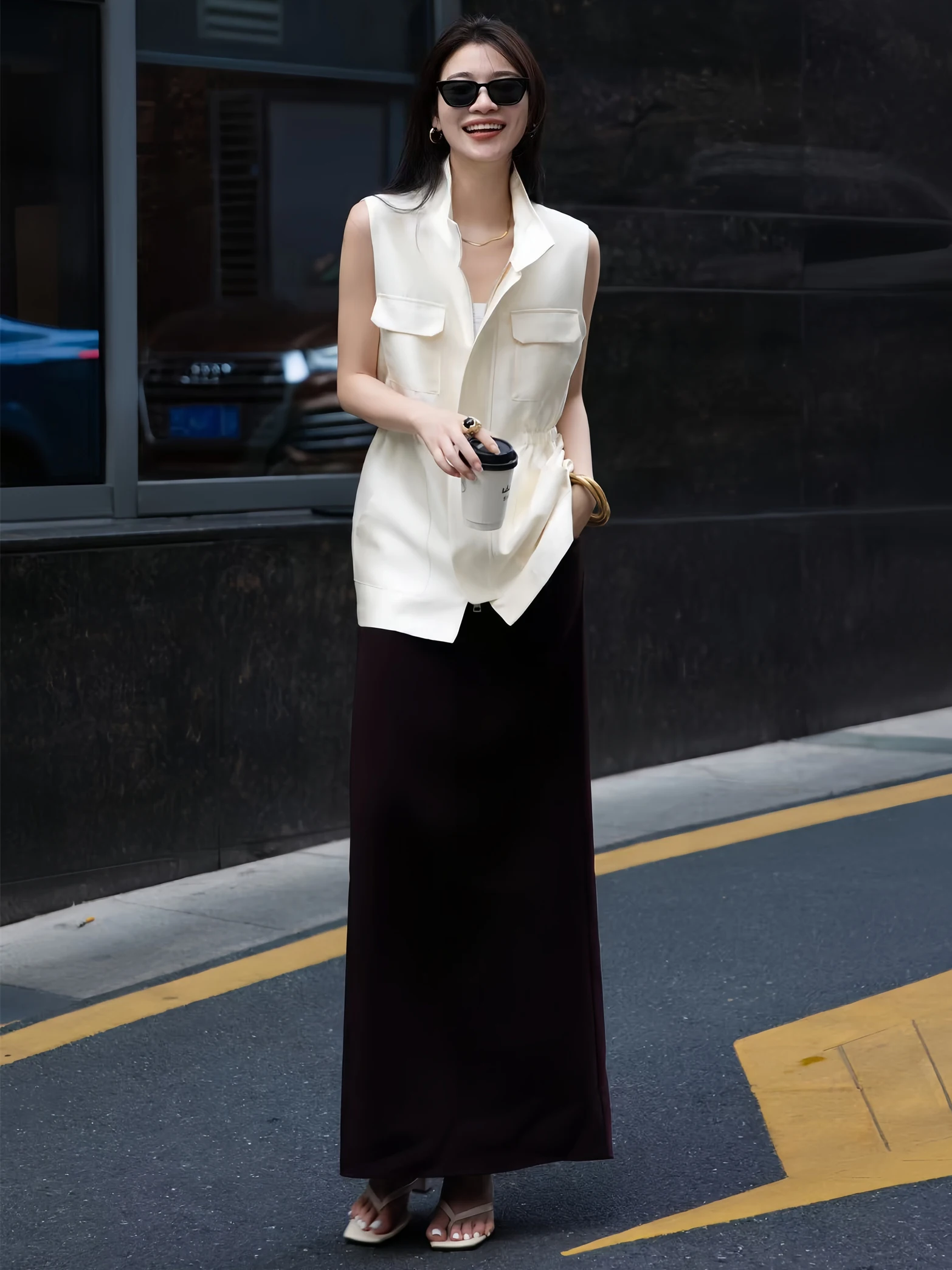 

Retro Hong Kong Sle Women's Suit Set Summer 2026 High Waist Midi Skirt with Slit Top Button Closure Polyester Fabric