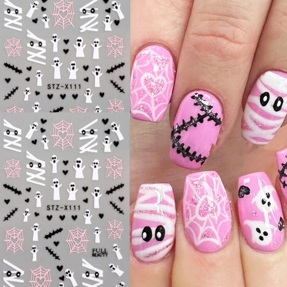 2pcs Halloween Nail Art Sticker  Featuring Shiny heart Webs, Heart, Ghosts, White Web Design Y2K Decals for Festive for Nail Art