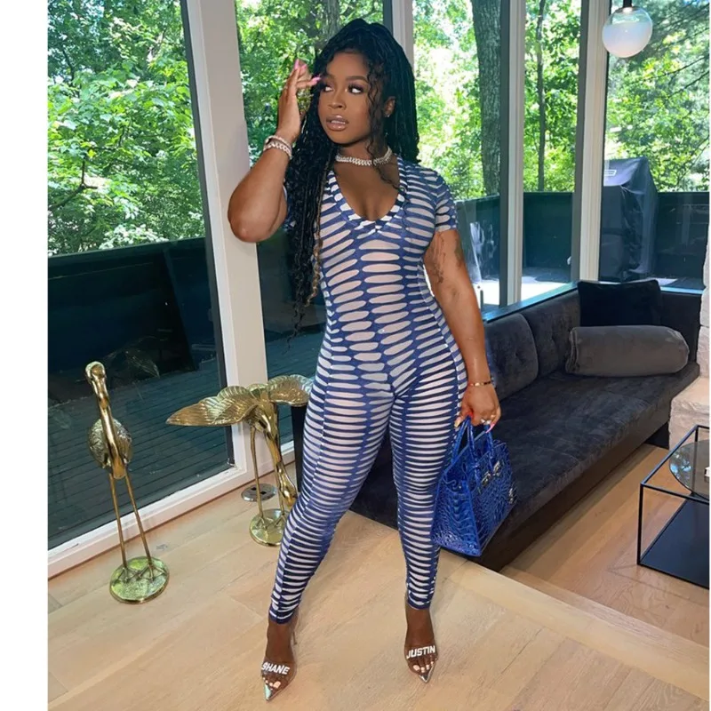 KEXU-mono Sexy transparente con estampado de malla y cuello en V para mujer, monos de fiesta para Club nocturno