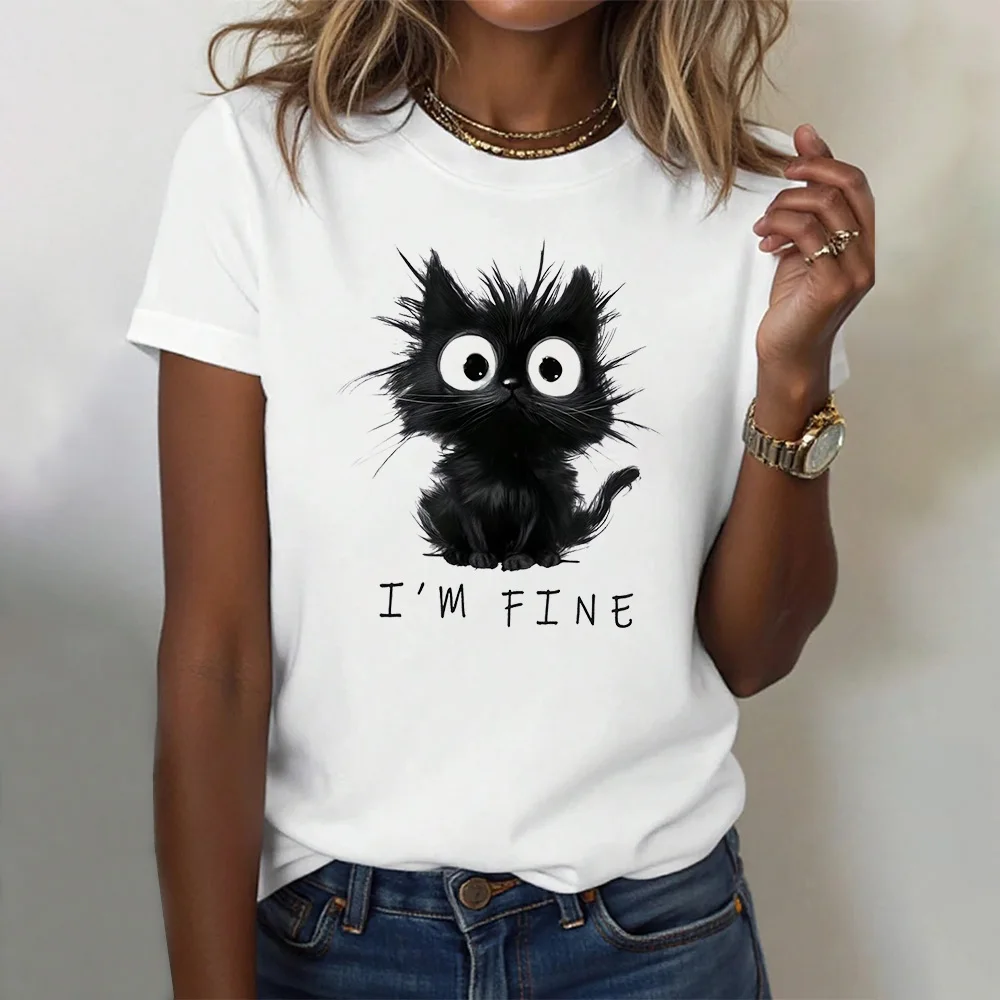 

Women's Cute Cat Pattern White Short Sleeve T-Shirts 2025 Summer Casual O-Neck Tee Shirt Fashion Female Clothing