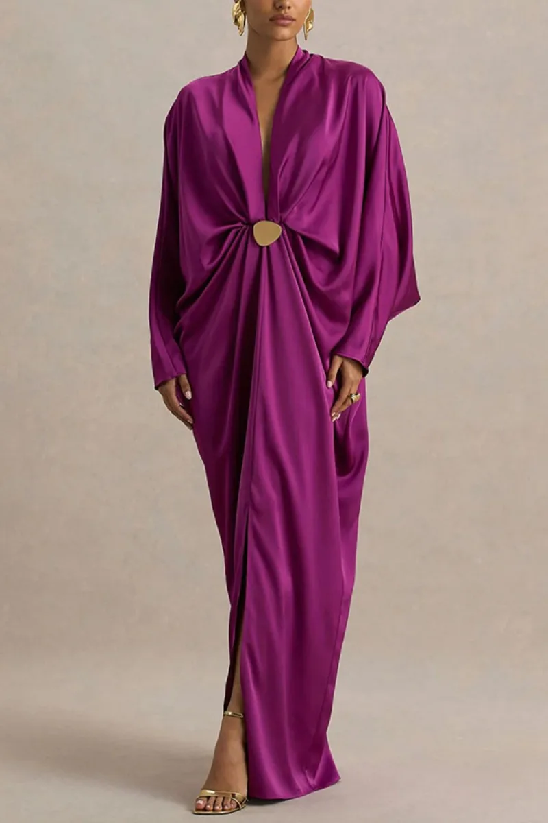 Elegantes Satin-Gastkleid für Damen mit Tiefem V-Ausschnitt, Fledermausärmeln, Gerafftem Design, Loser Passform, Party-Kaftan, Abendkleid, Maxikleid – Detail 2