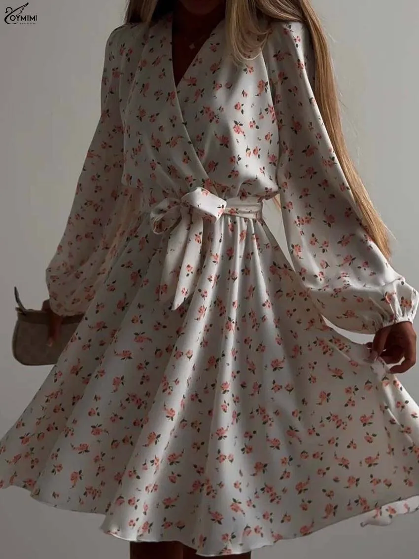 Oymimi แฟชั่นสีขาวพิมพ์ชุดสตรี Elegant V คอยาวแขนยาว LACE-Up ชุดเดรสฤดูใบไม้ร่วงสบายๆมินิชุด streetwear