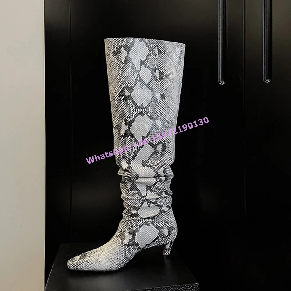 Snakeskin Knee High Boots Green Square Toe Kitten Heels Slip On Sexy Concise Shoes Pleated Winter Women's Fashion Shoes 2025