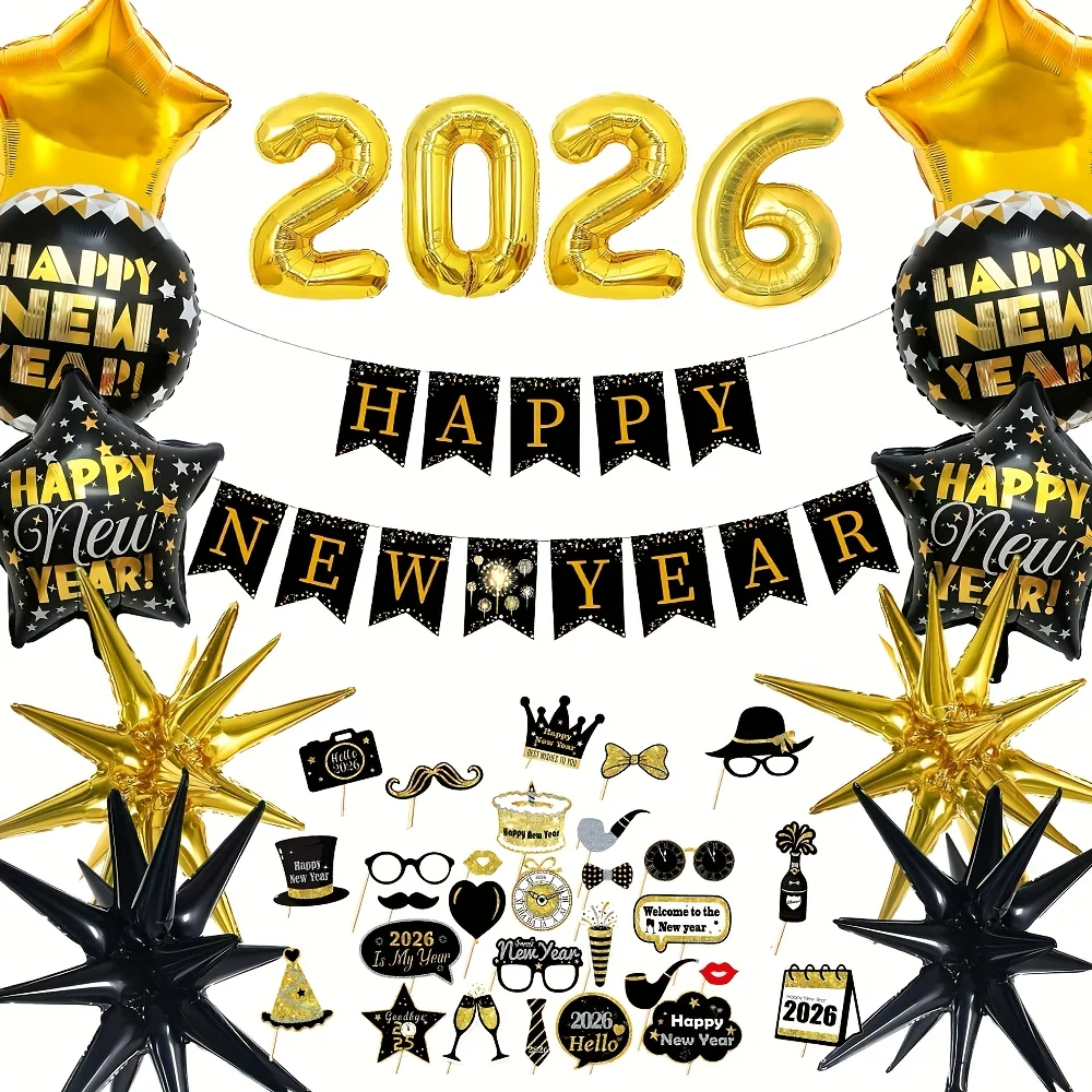 44 Stück und 29 Stück elegante Schwarzgold 2026 Neujahrsparty-Dekoration, bunte Flaggen und Foto-Requisiten, Zahlendekorationen und Foto-Requisiten