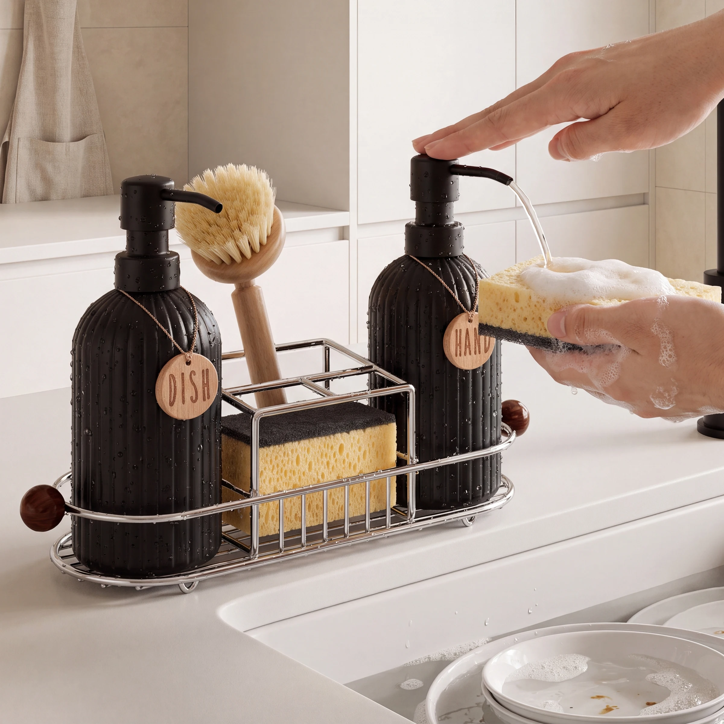 Kitchen Dish and Hand Soap Dispenser with Storage Holder Set, Reusable Kitchen Cleaning Supplies Storage Set for Farmhouse Decor