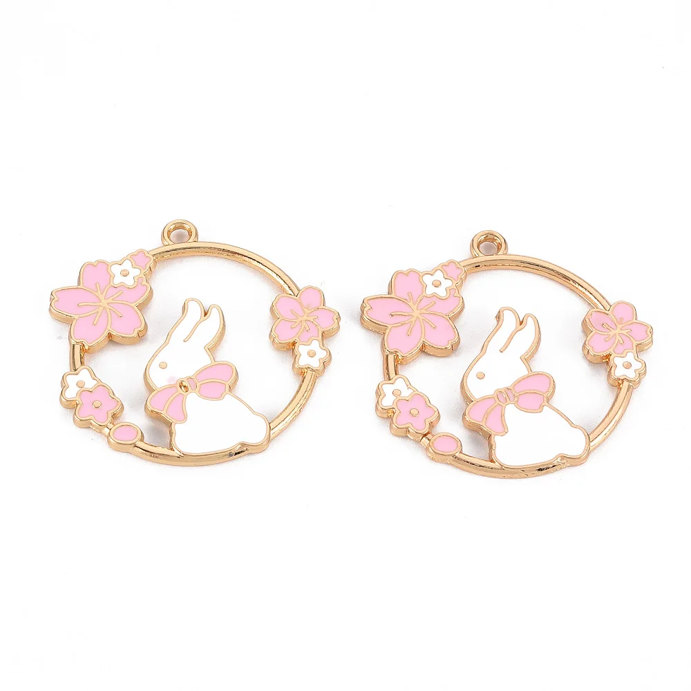 10pcs Alloy Enamel Pendants  Light Gold Ring with Rabbit and Sakura Pink for Making DIY Jewelry Necklace Bracelet Earring Crafts