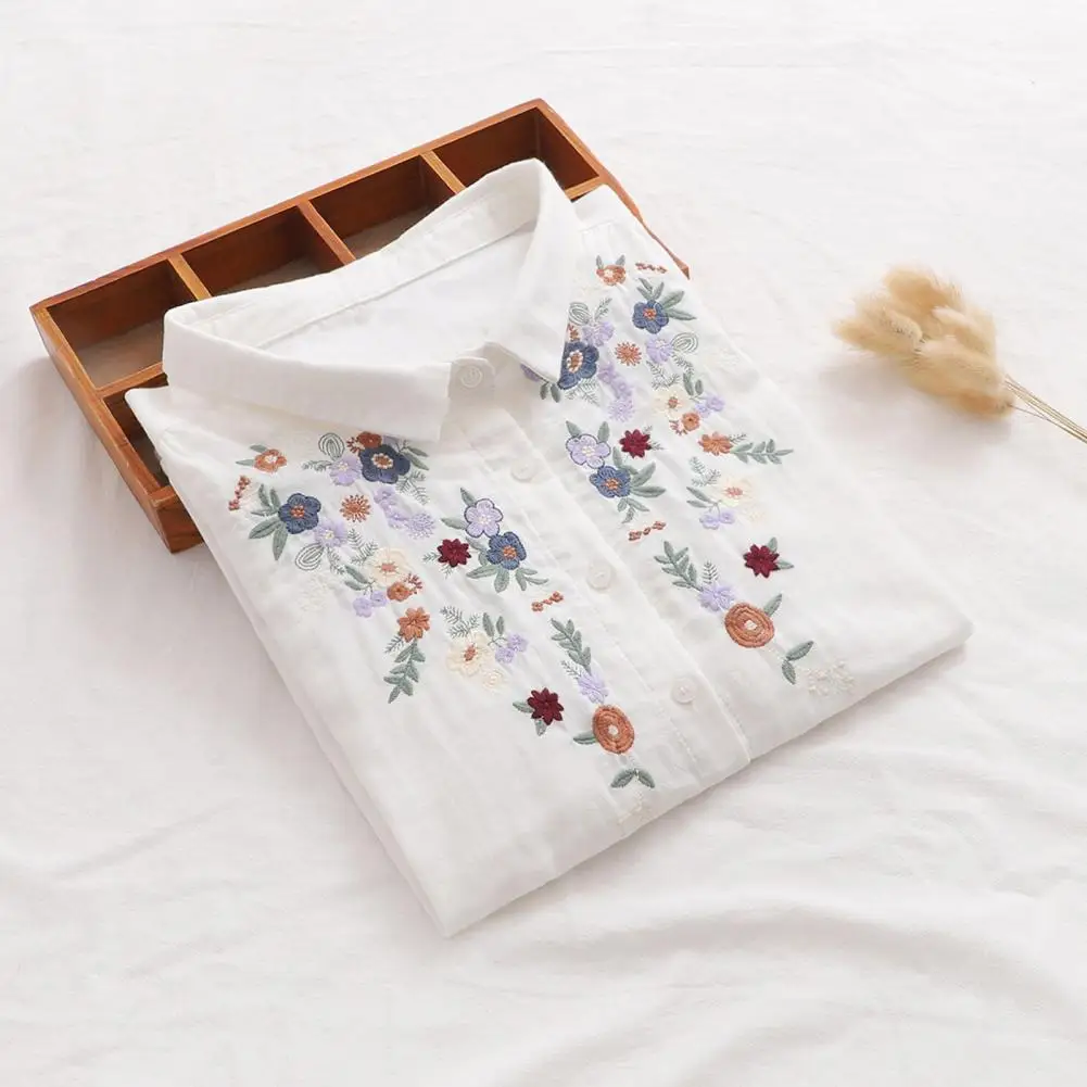 Camisa holgada con bordado de flores para mujer, ropa de oficina con cuello de solapa, Top elegante de verano