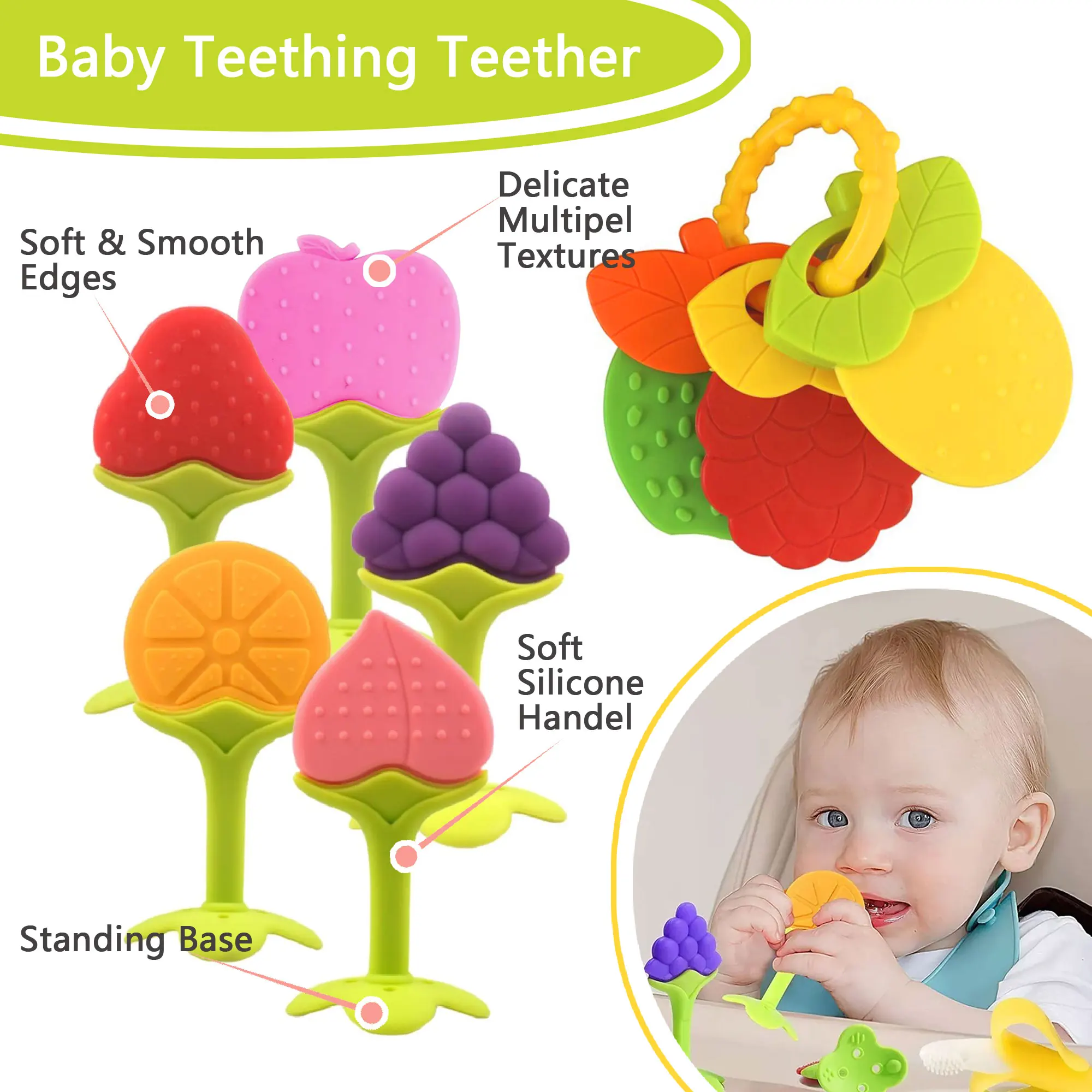 Fruit  Teether Teething Toys for Teething Babies Easy To Grip Food-grade Silicone Anti-Swallowing Design