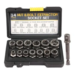 Lug Nut Remover Kit 1/4”-3/4”Twist Socket Tool Set with A 1/4”Hex Drive 3/8”Impact Bolt Nut Extractor Set 13pcs with Storage Box