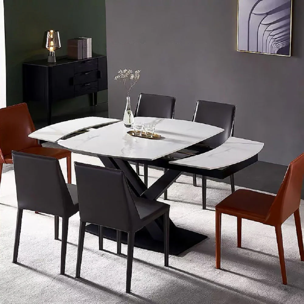 Italian Extendable Dining Table Indoor Modern Revolving Dining Room Furniture Ceramic Top Powder Coated Painting Base