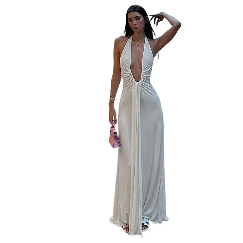 Vestido largo informal de verano para mujer, vestido sin mangas con cuello de Color sólido, vacaciones en la playa, espalda descubierta, escote en V profundo, cuello colgante, Espalda descubierta, ajustado