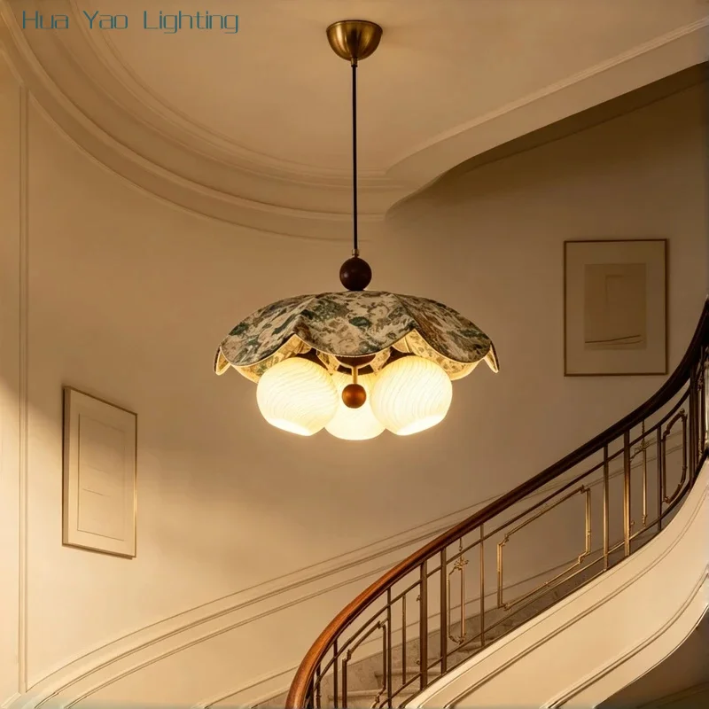 Vintage French Floral Pattern Pendant Light Retro Hanging Lamp For Living Room Bedroom Dining Room Kitchen Cafe Home Decor E27