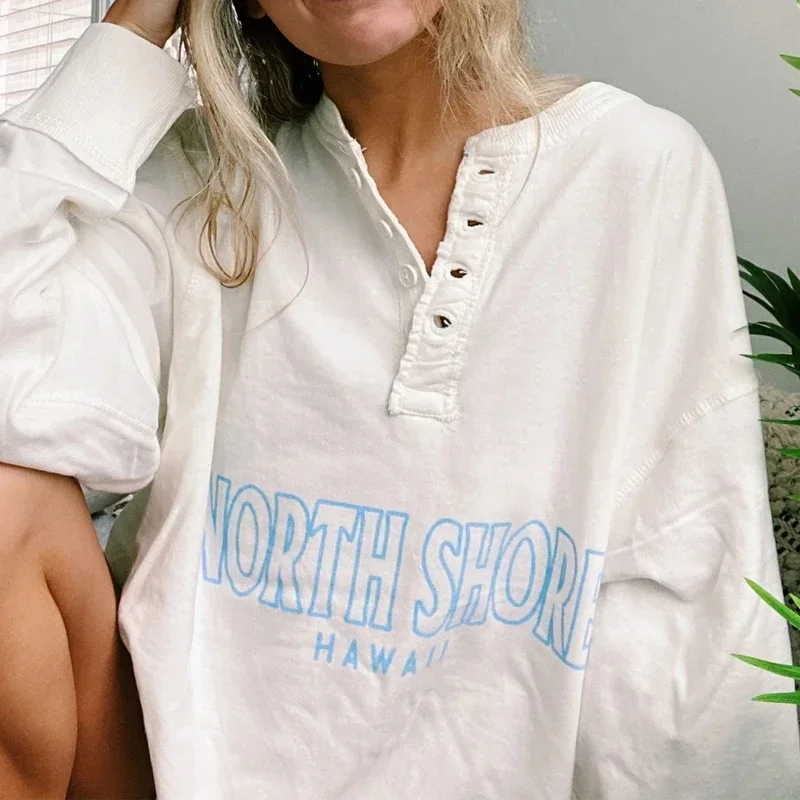 

Casual Women T-shirt Letter Print Top Tee Streetwear White Fashion Long Sleeve T-shirt Spring Button Loose T-Shirt Women Clothes