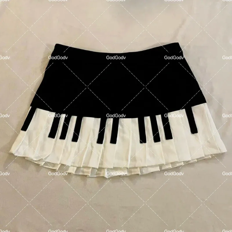 IMU Spring Black White Spliced Women Short Skirt 2025 Y2k Slim Design Harajuku Mini Skirt Female Empire Korea Style Chic Piano S