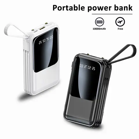 10000mAh portable power bank built-in 4 charging cables LED light Type-C/USB port Applicable to iPhone/Android, etc Electronics