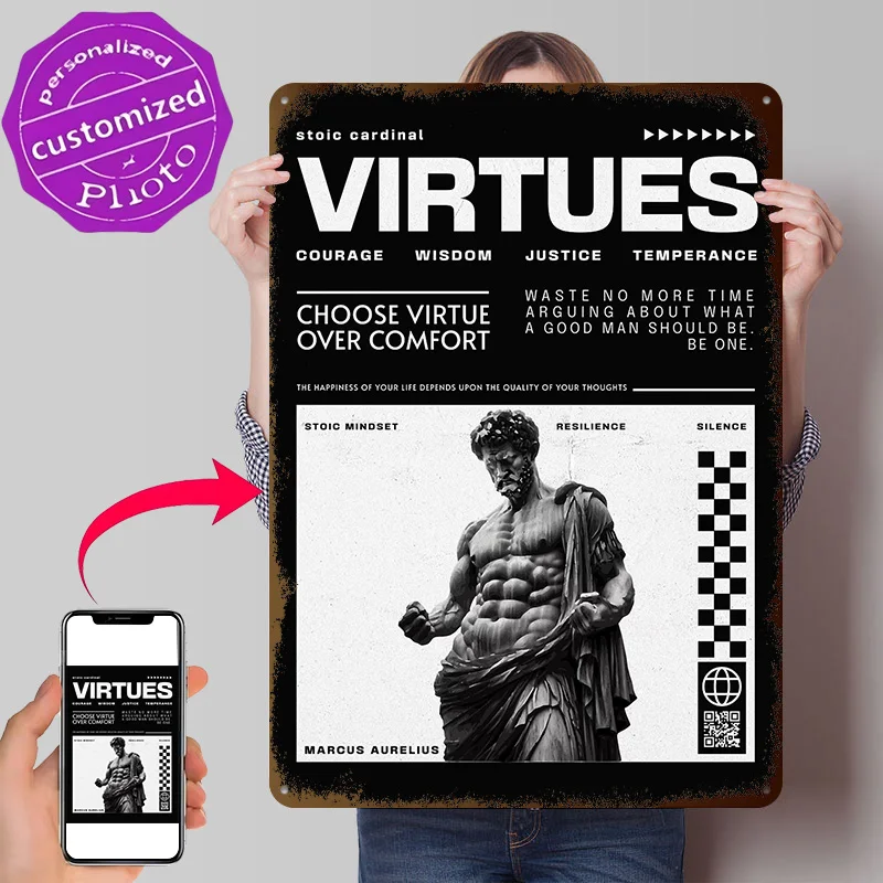 Four Stoic Virtues Personalized 3D Textured Metal Poster Wall Art Vintage Tin Signs for Room Ornaments Home Decoration Aesthetic