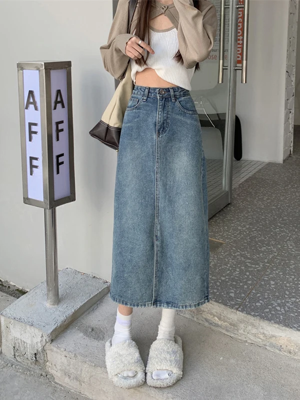 Retro Hong Kong Style Mid-Length A-Line Denim Skirt High Waist Slimming Women's Spring Summer New Chic Versatile Breathable