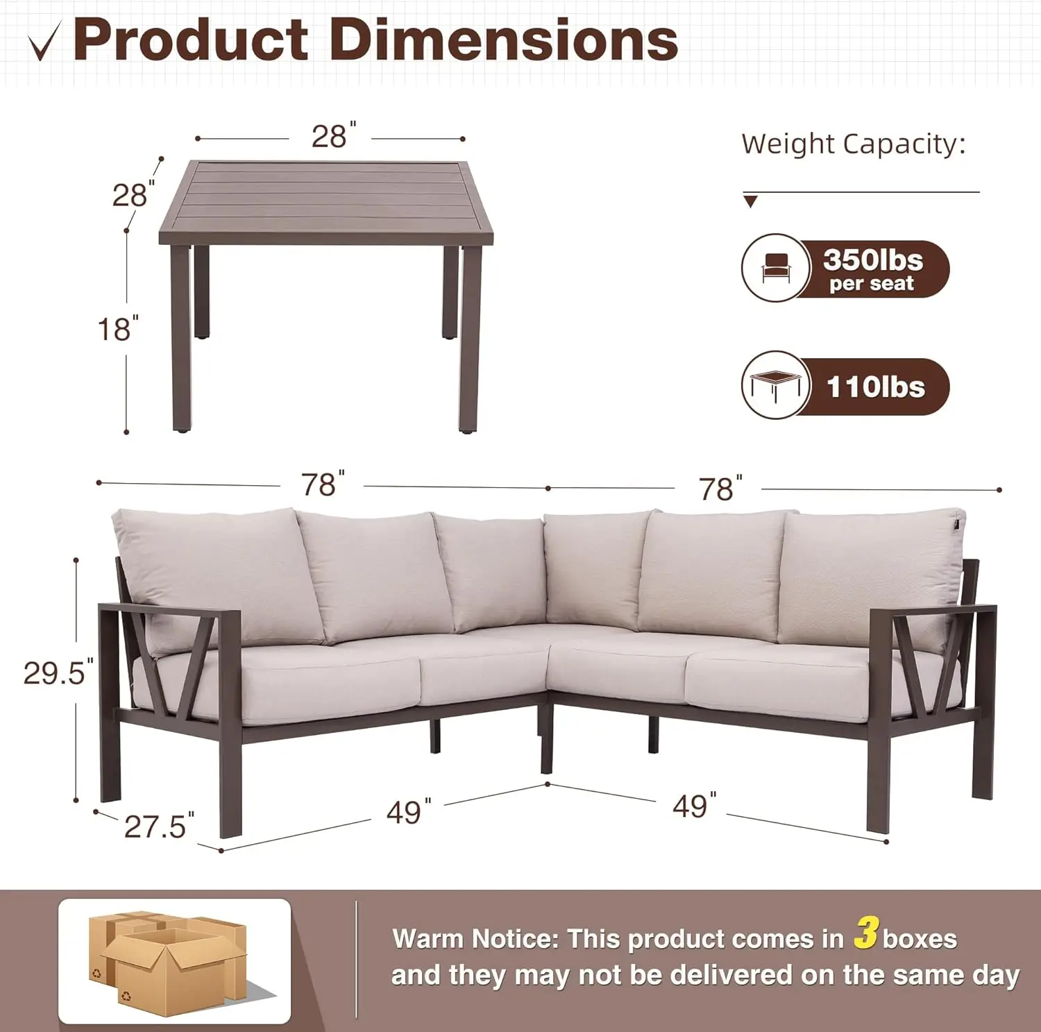 Patio Furniture Set, 6 Pieces Outdoor Couch Sectional, L Shaped Patio Sofa, Metal Patio Couch Sectional with Side Table, Outdoor