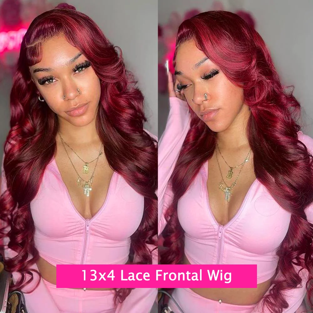 Perruque Lace Front Wig Body Wave Brésilienne Naturelle, Cheveux Humains, Couleur Rouge Bordeaux 99J, 13x4, Transparente