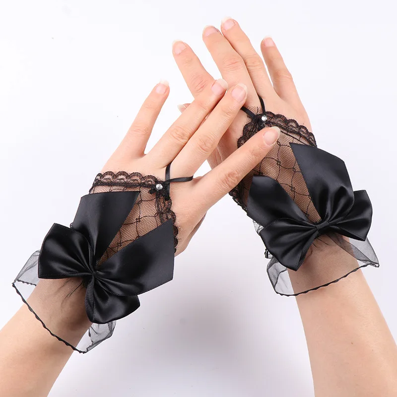 Gloves Bridal Wedding Dress Short Grid Lolita Fingerless Black Lace Mesh Bow Women Elegant Lightweight Breathable Party