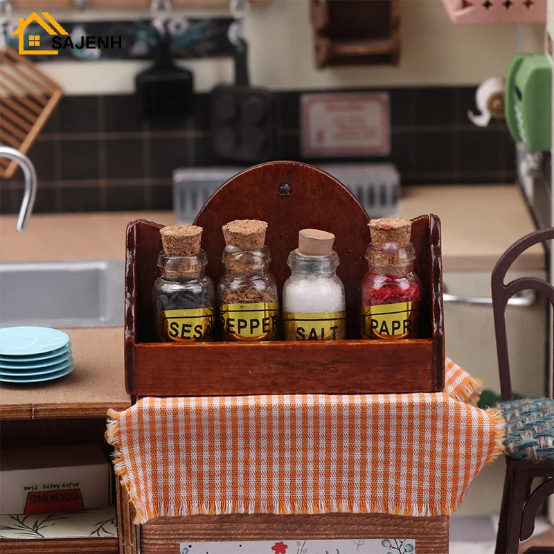 1/12 Dollhouse Mini Spice Bottle Seasoning Rack Wall Shelves Dollhouse Kitchen Furniture Decor Toys Dolls House Accessories