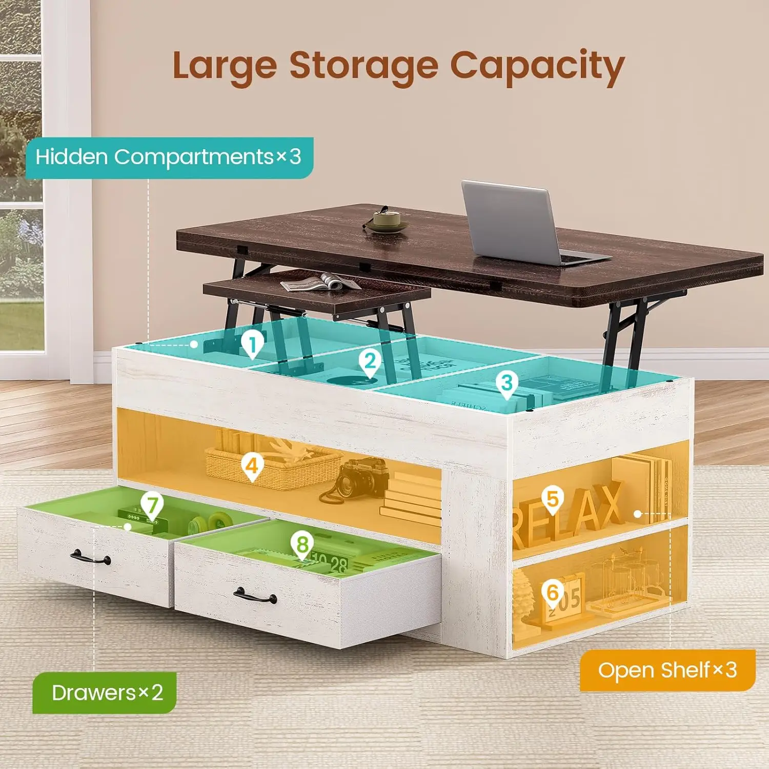 Lift Top Coffee Table, 4 In 1 Coffee Tables With Storage And Hidden Compartment, Farmhouse Coffee Table With 2 Fabric Drawers &