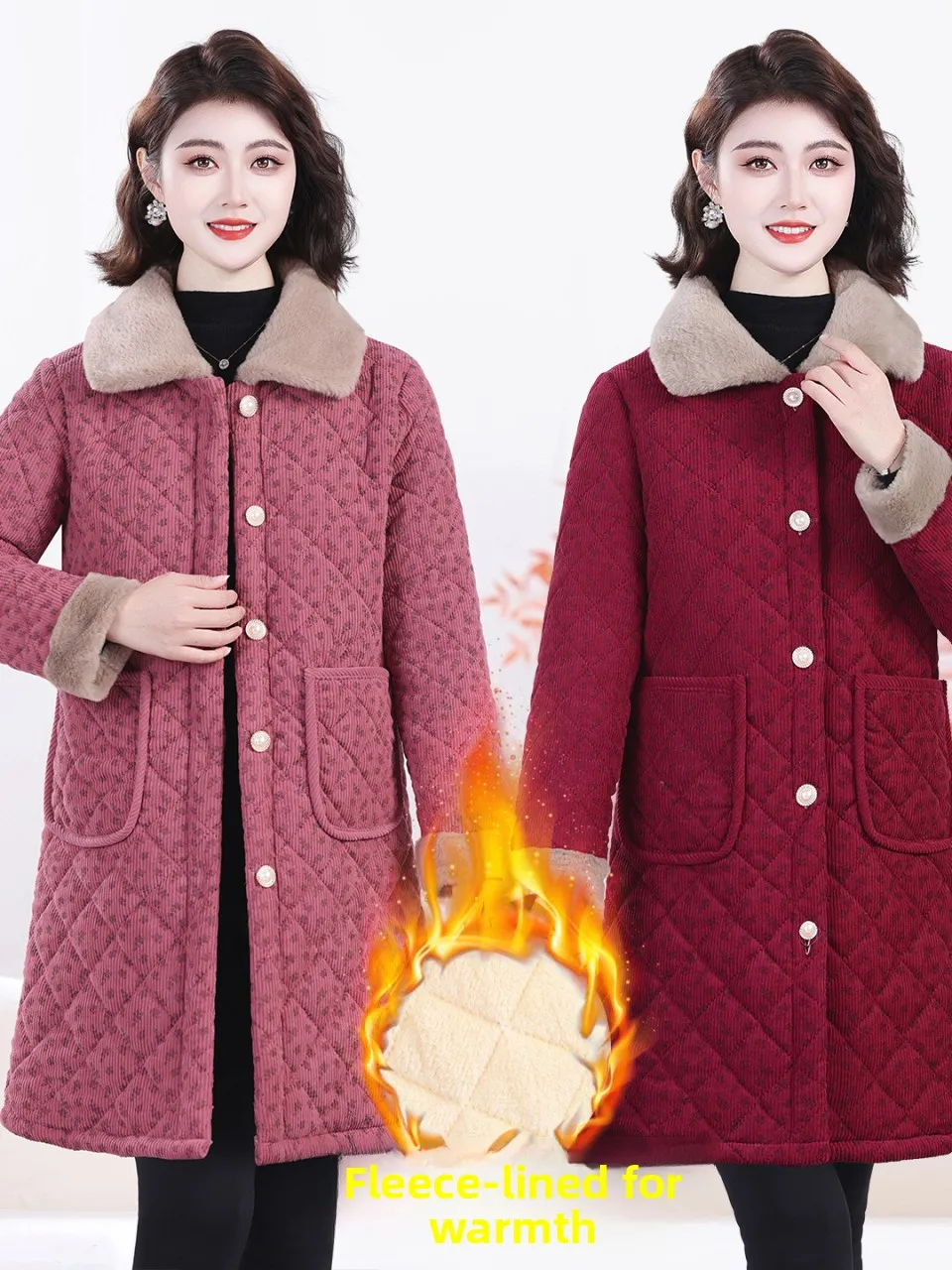 

Утепленное хлопковое пальто большого размера с флисовой подкладкой и длинным воротником для женщин среднего и старшего возраста.