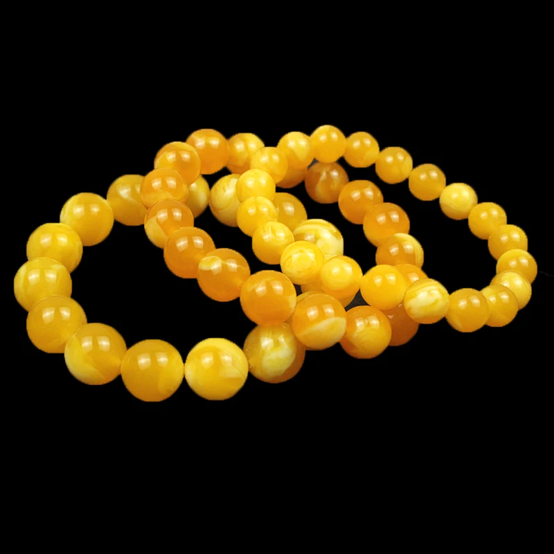 Bracelet à breloques rondes en pierre naturelle jaune, perle d'ambre de cire d'abeille, cadeau simple pour couple, vente en gros