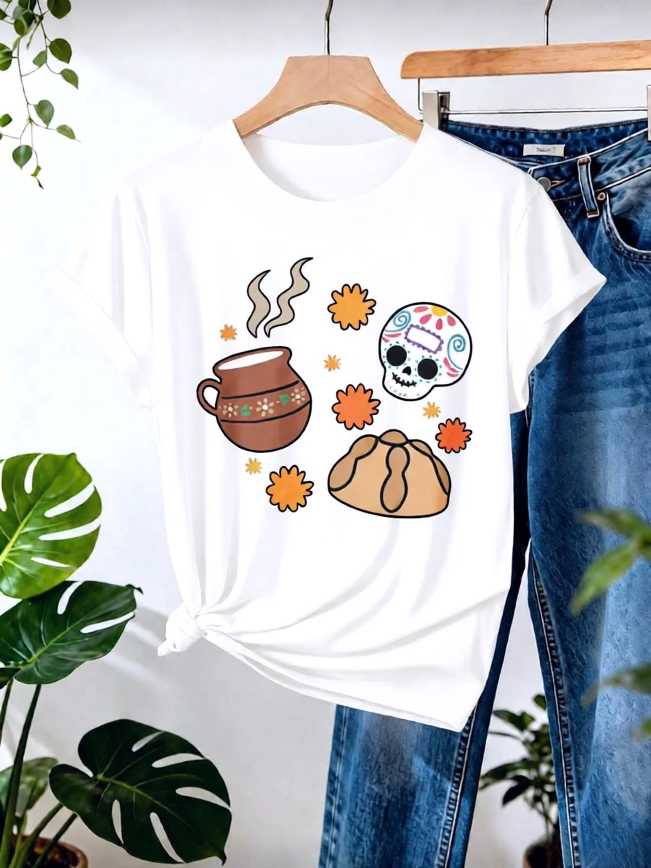 Mexican Day of The Dead Funny Printed T-Shirt for Woman Modern Colorful Skull Design Women's Crew Ncek Short Sleeve Y2k Clothes