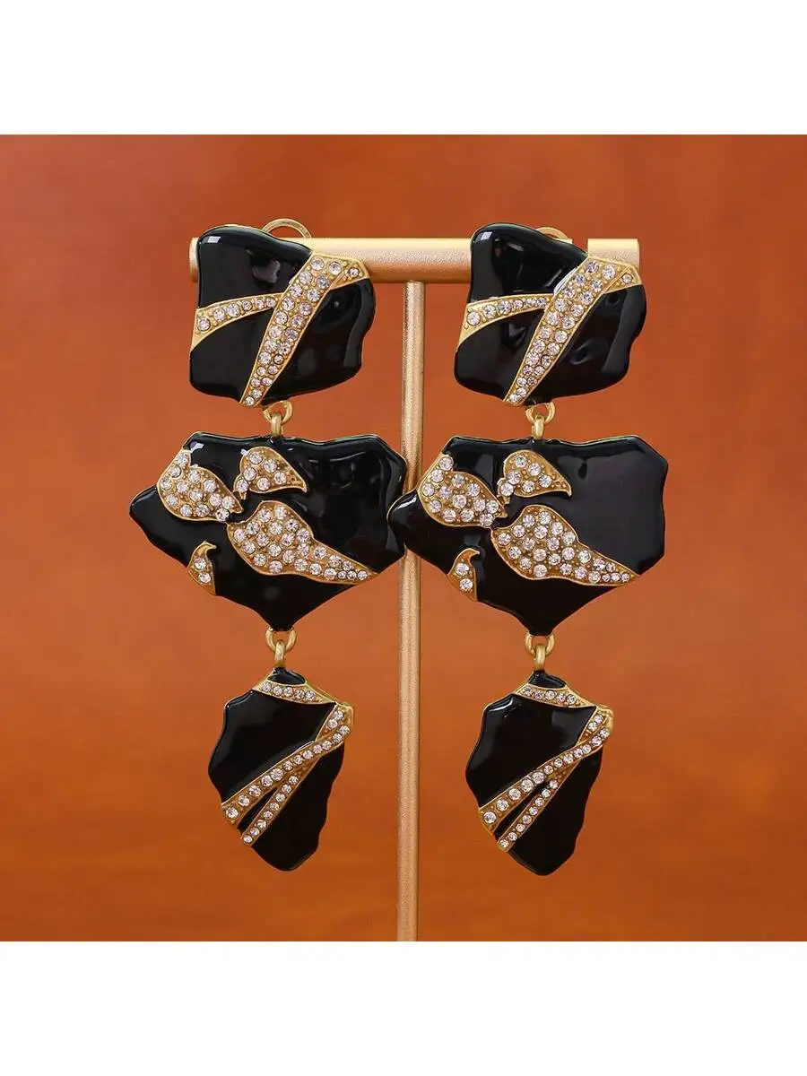 

Asymmetrical Geometric Black Glaze Crystal Earrings For Women Fashion Statement Jewelry