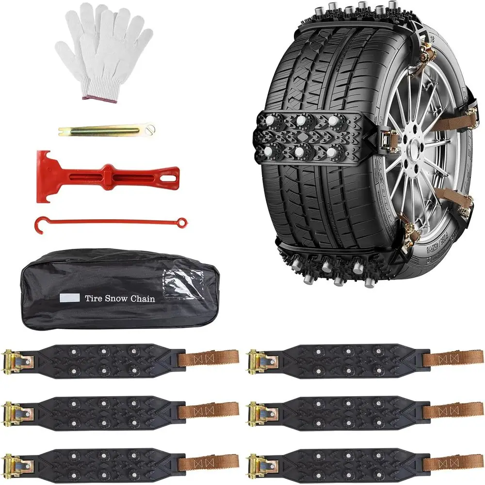 

6-Piece Portable Snow Tire Chains for Cars, Trucks, and SUVs - Adjustable for Tire Widths 165-255mm
