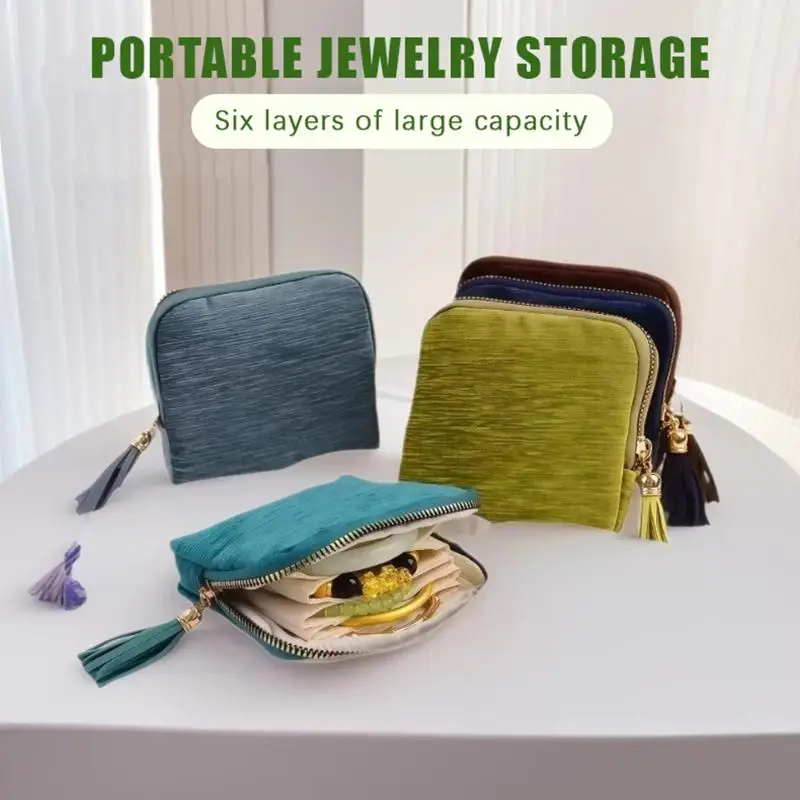 Portable Jewelry Storage Pouch With 6 Layers Large Capacity And Tassel Design Perfect For Travel Daily Use