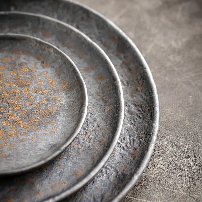 Stoneware Hammer Pattern Shallow Plate Hotel Round Western Food Steak Plate Tableware Snack Salad Fruit Sushi Plate Tableware - view 4