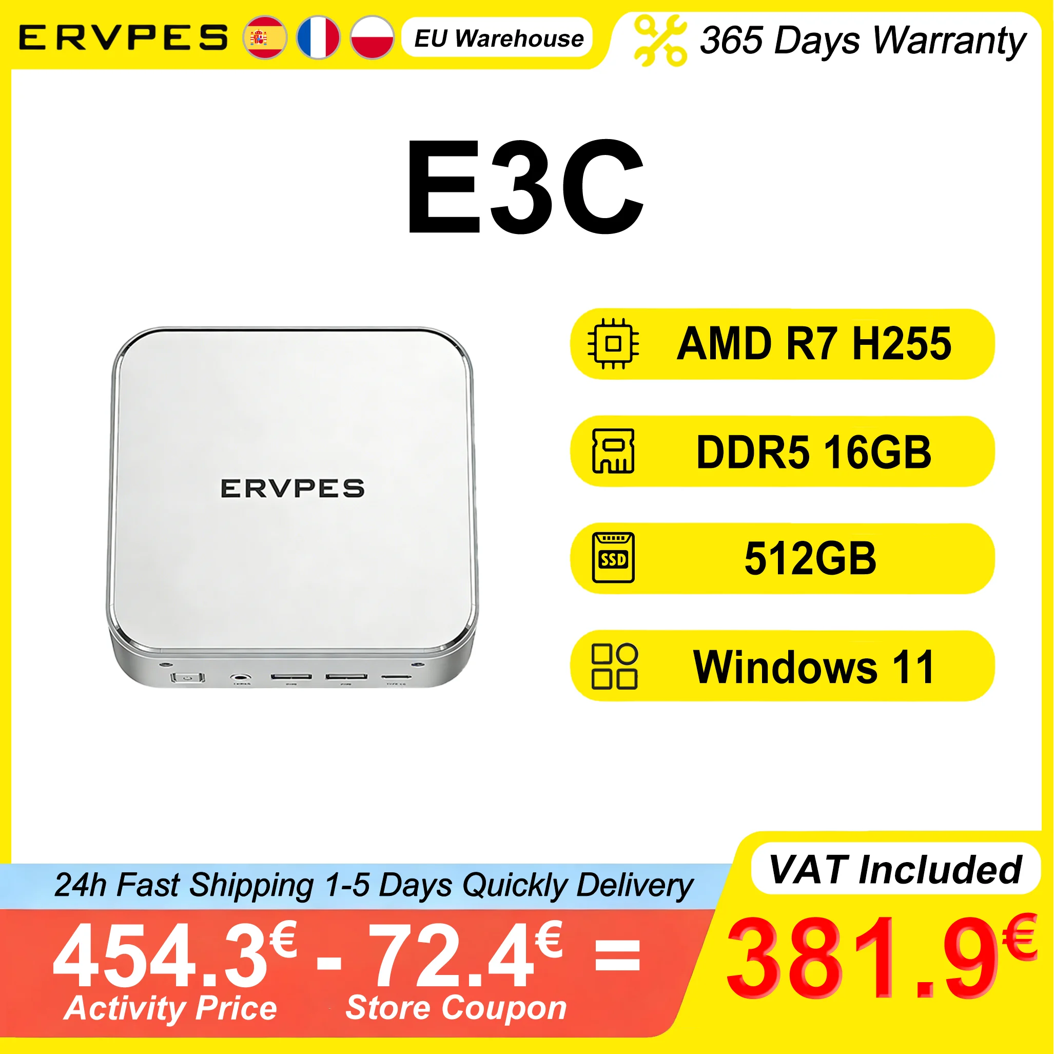 ERVPES E3C Mini PC 16GB DDR5 5600MHz RAM 512GB ROM AMD Ryzen7 H255 Windows 11 AMD Radeon 780M WiFi6 Bluetooth 5.2 4K@60Hz