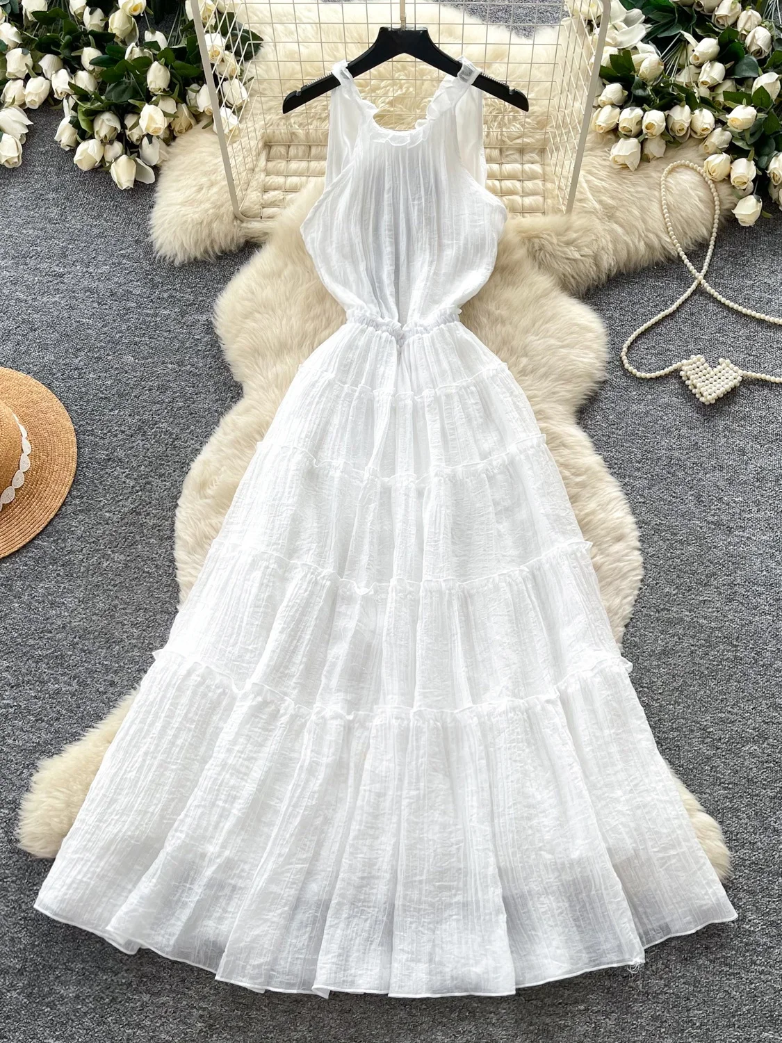 

Elegant High Waist A-Line Backless Summer Dress Women's Sleeveless Knot Long Dress Slimming Korean Style Commute