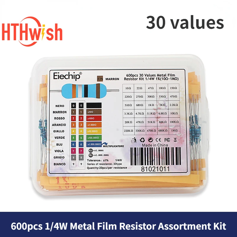 300/600PCS 30Values 1/4W Metal Film Resistor Kit with Box 10Ohm ~1M Resistance 1% Set of Resistors