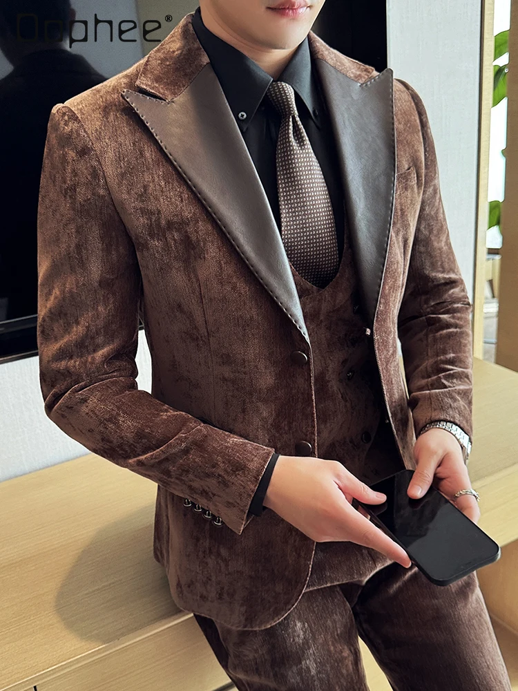 

Autumn Winter New Leather Patchwork Chenille Gray Blue Black Khaki Suit Jacket Men's High-end Business Fashion Slim Fit Suit Set