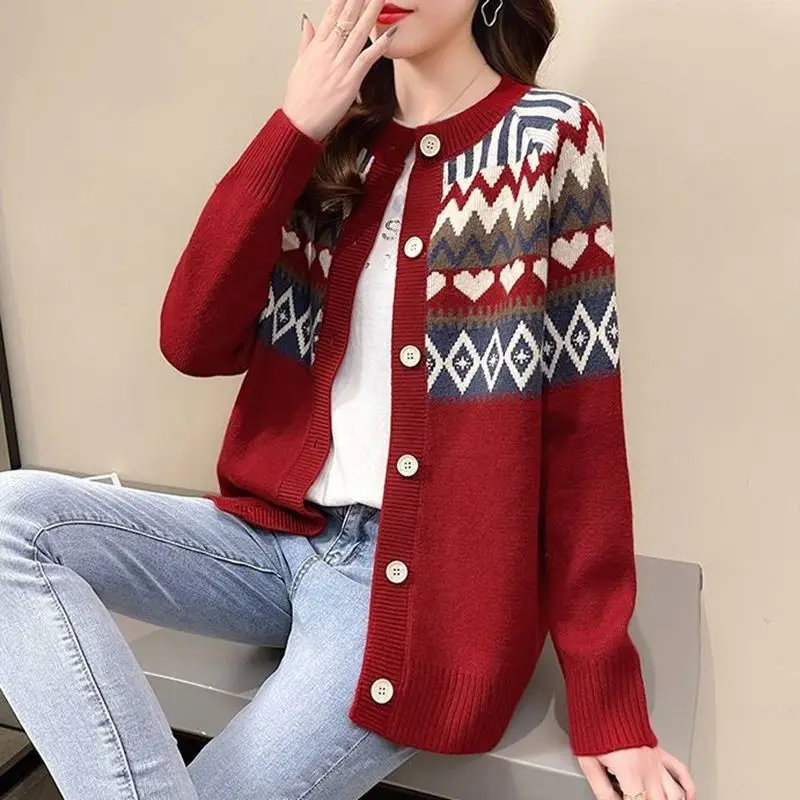 Love Jacquard Long Sleeve Knitting Cardigan Coat Women Autumn Loose O-neck Sweater Office Lady All-match Fashion Knitting Tops