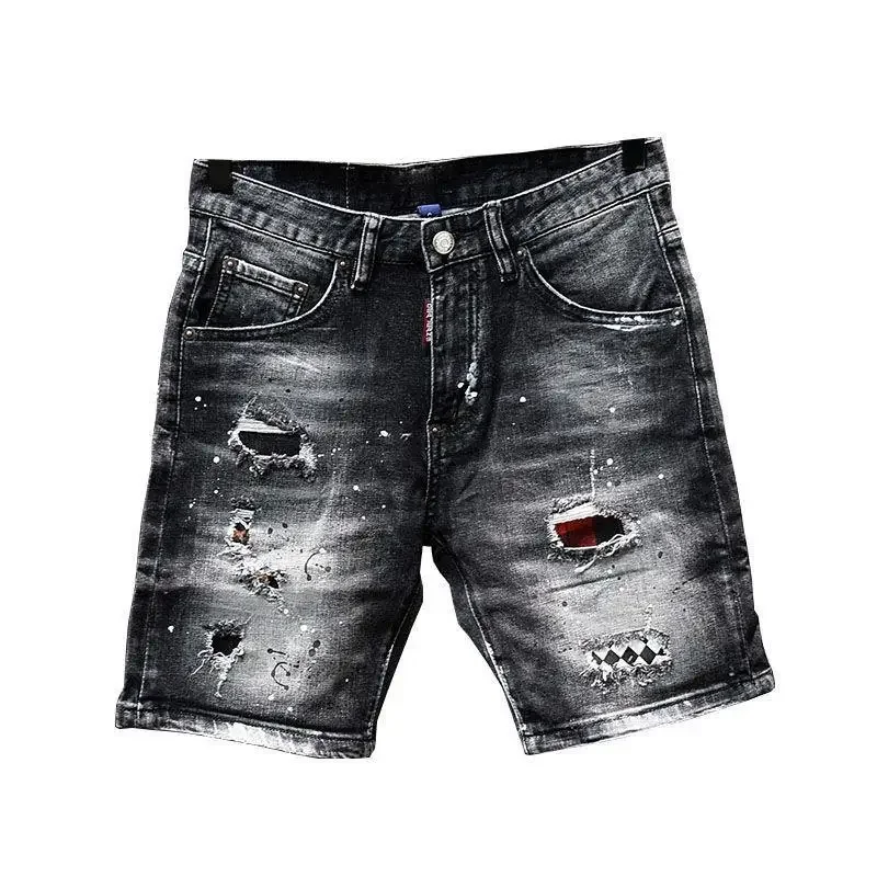 Luxury Brand Designer Clothes Men\'s Casual Denim Knee-Length Shorts Summer 2024 Fashion Black Patches Paint Jeans Shorts Men