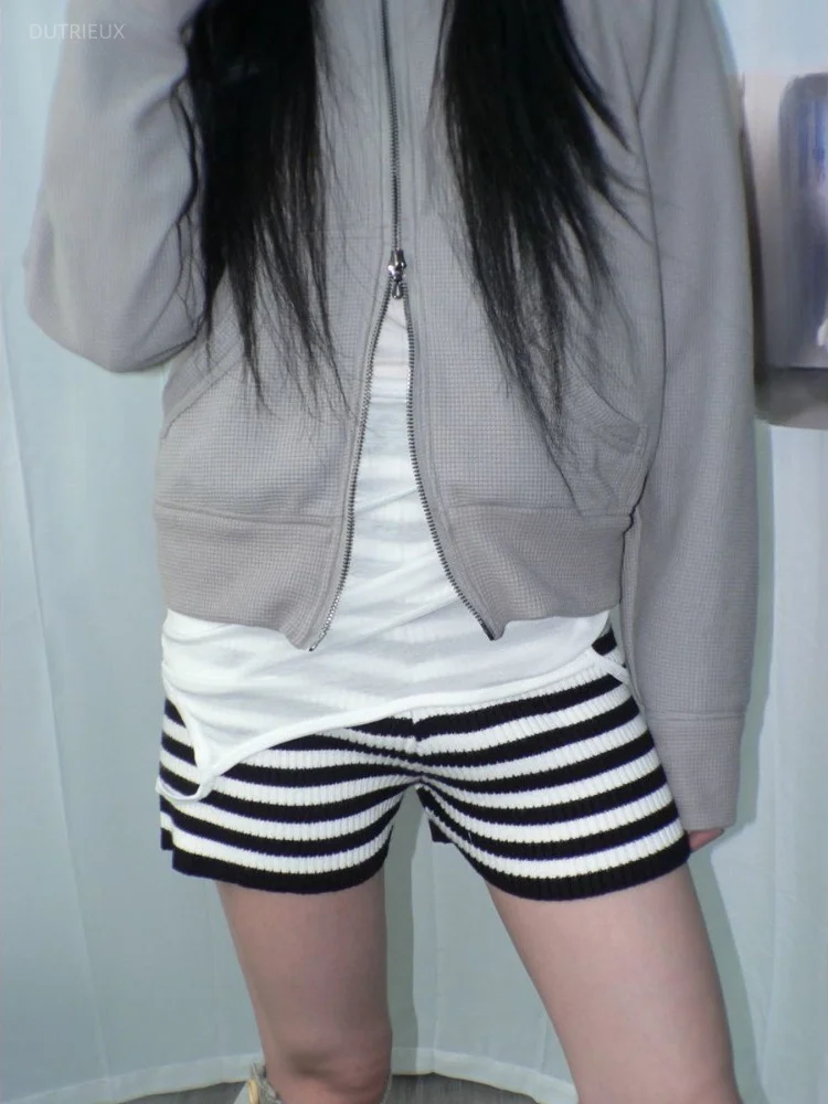 Harajuku Knitted Contrast Color Stripe Shorts for Women High Waist Casual Slim Fit Vintage Pants Y2k Aesthetic Grunge Trousers