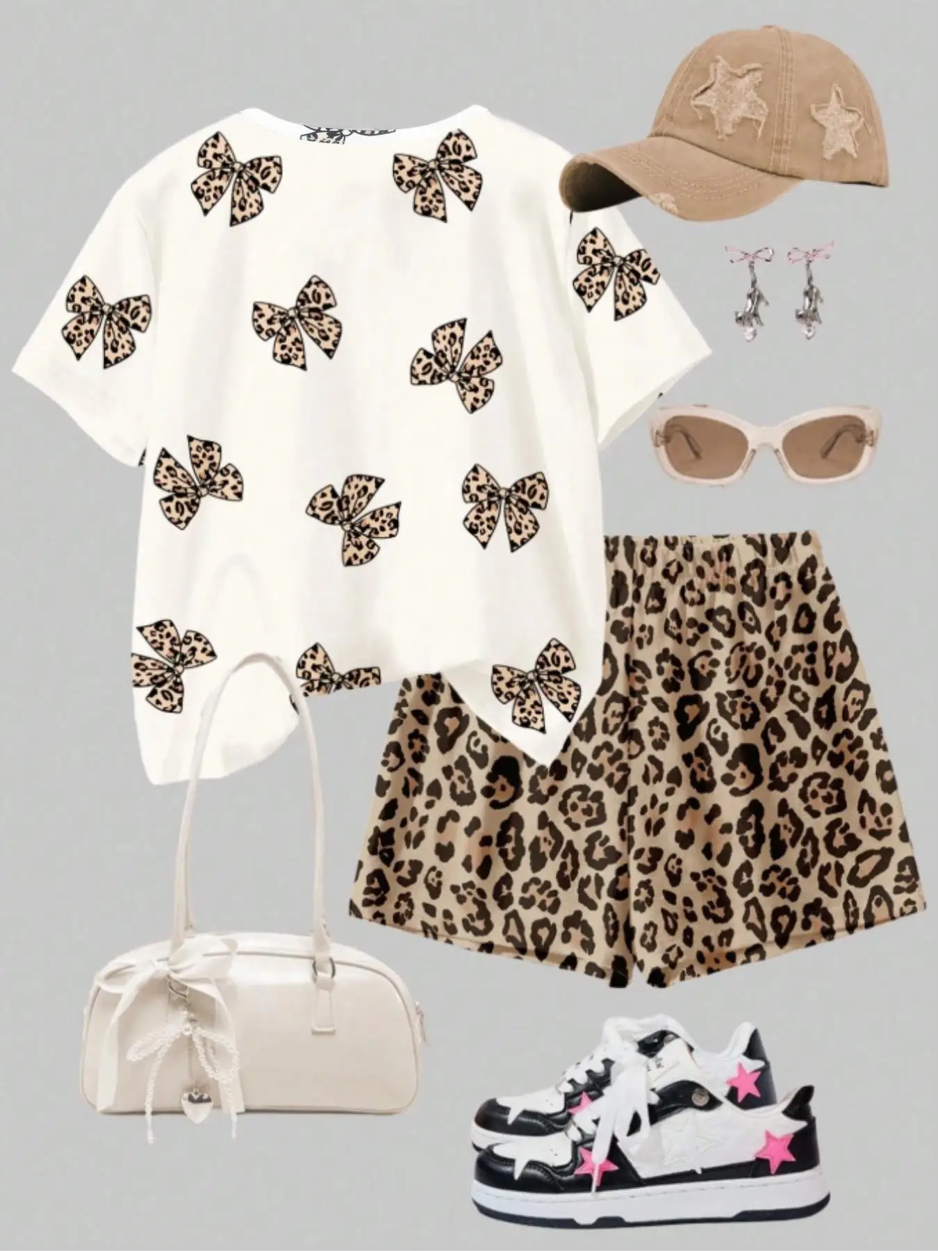 2-Piece Cheetah Print Set for Teen Girls: Casual Crewneck Short-Sleeve Top with Bow Accent & Shorts — Perfect for Spring/Summer
