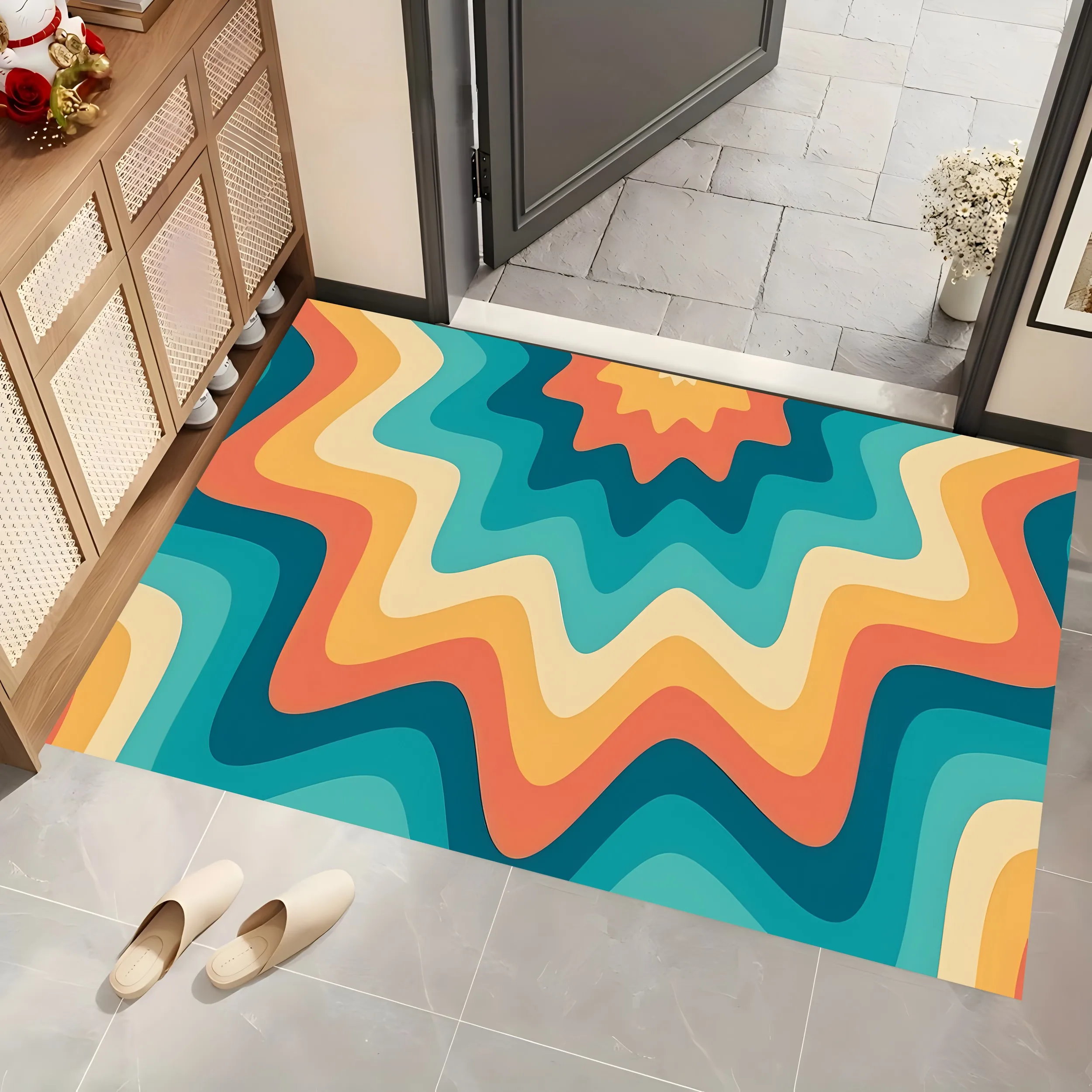 Color-Blocked Layered Starburst Pattern Large Area Rug, Retro Dopamine Style, for Living Room Bedroom