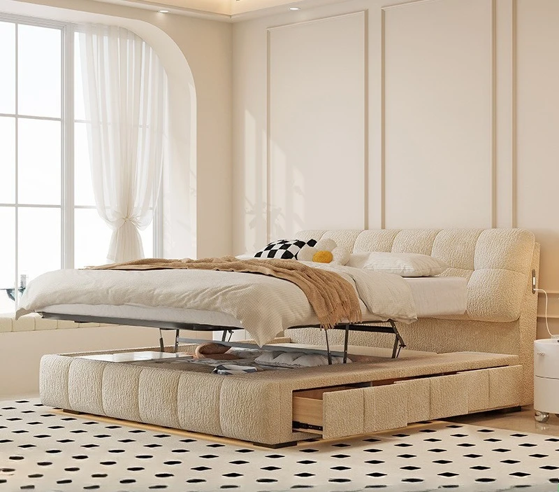 Cream Wind Puff Bed Drawer Box Bed Rechargeable Fabric Translation Storage Bed